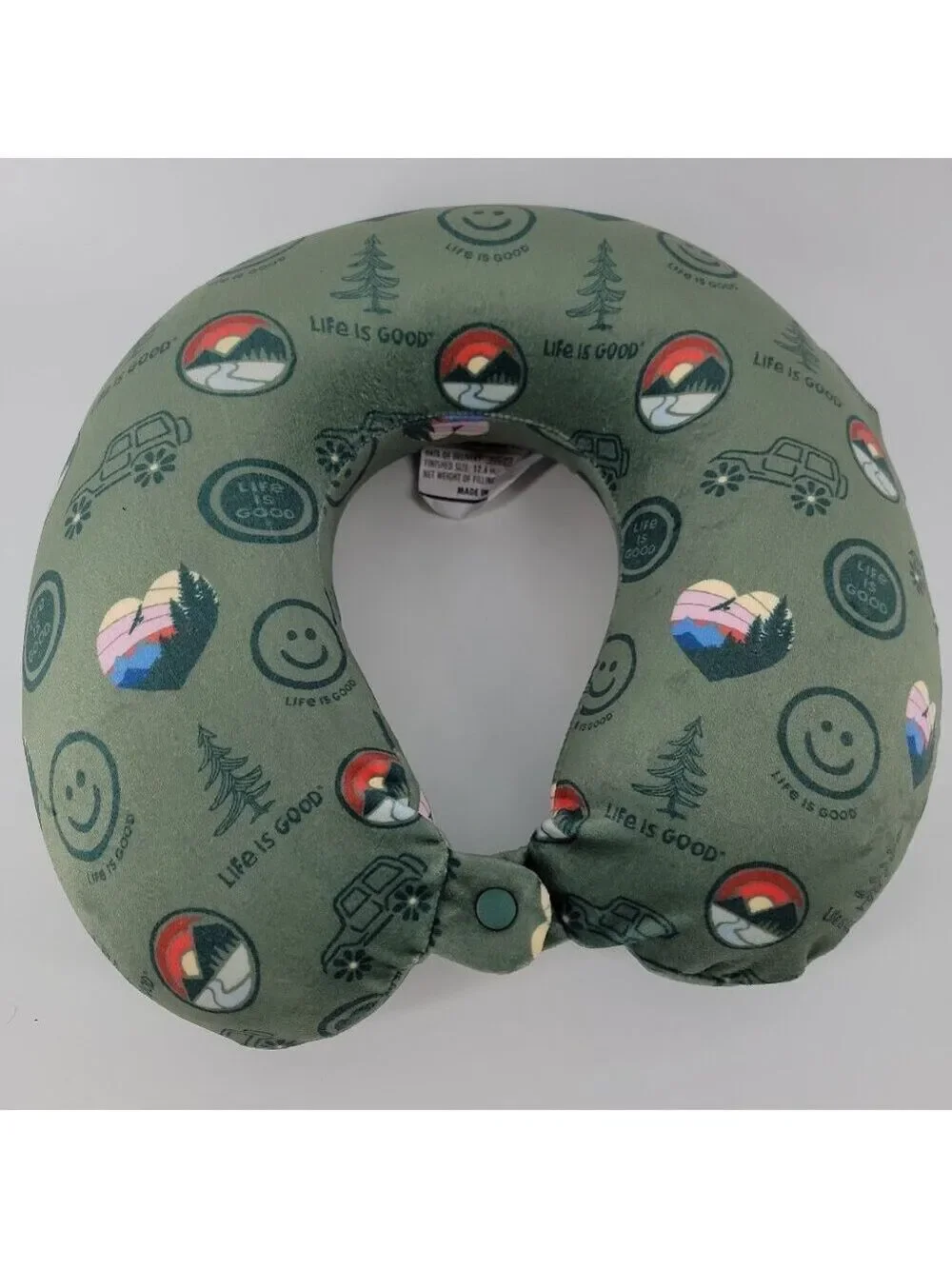 Life Is Good Memory Foam Travel Neck Pillow Green Smiley Snap Washable Cover